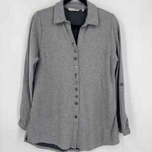 Soft Surroundings Sydney Shirt M Gray Waffle Tab Sleeves Cotton
